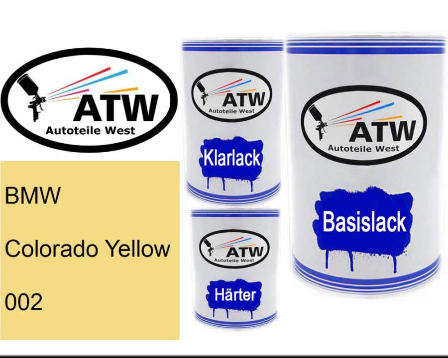 BMW, Colorado Yellow, 002: 500ml Lackdose + 500ml Klarlack + 250ml Härter - Set, von ATW Autoteile West.